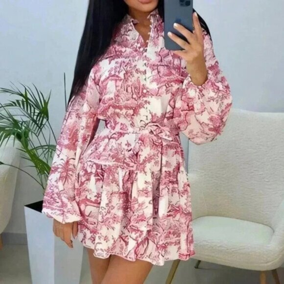 Dresses & Skirts - Red Boho Women's Elegant Random Print Long Sleeve Tie-Waist Loose Fit Midi Dress